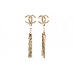 NEUF BOUCLES D'OREILLES CHANEL PERLE LOGO CC PENDANTES METAL DORE EARRINGS 420€