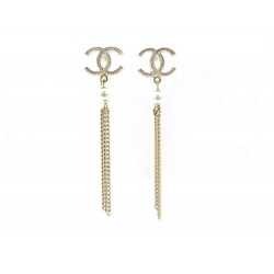 NEUF BOUCLES D'OREILLES CHANEL LOGO CC PERLE PENDANTES METAL DORE EARRINGS 420€