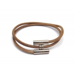 NEUF BRACELET HERMES TOURNIS DOUBLE T18 CUIR MARRON ET METAL ARGENTE JEWEL 350€