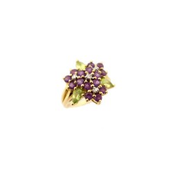 BAGUE FLEUR T 50 EN OR JAUNE 18K 5.3GR SERTIE DIAMANTS AMETHYSTES PERIDOTS RING