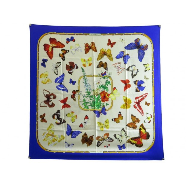 FOULARD HERMES FARANDOLE PAR CATHY LATHAM CARRE 90 EN SOIE BLEU SILK SCARF 370€