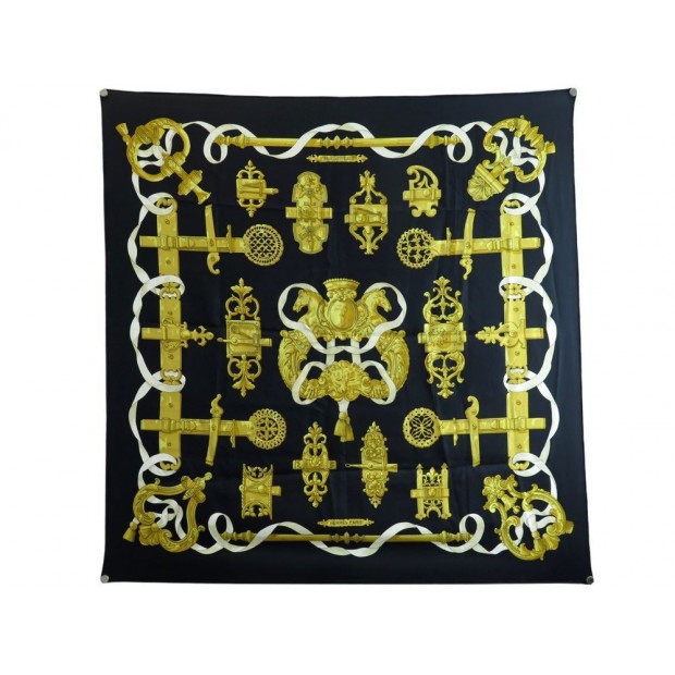 FOULARD HERMES FERRONNERIE CATHY LATHAM CARRE 90 EN SOIE NOIR SLIK SCARF 370€