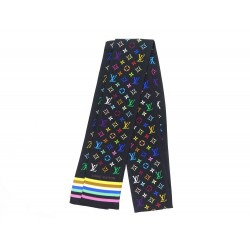 NEUF FOULARD LOUIS VUITTON BANDEAU MONOGRAM MULTICOLORE MURAKAMI EN SOIE NOIR