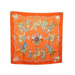 FOULARD HERMES LES FETES DU ROI SOIE BRODEE JACQUARD ORANGE 