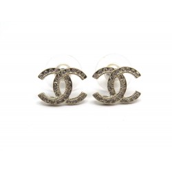 NEUF BOUCLES D'OREILLES CHANEL LOGO CC & STRASS METAL DORE GOLDEN EARRINGS 350€