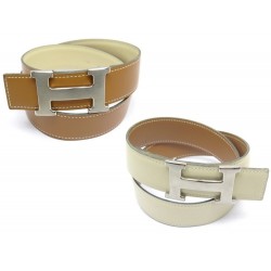 CEINTURE HERMES LIEN EN CUIR TADELAKT GOLD & CREME BOUCLE H BROSSE BELT 635€