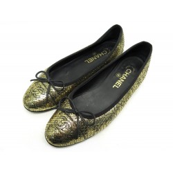 CHAUSSURES CHANEL BALLERINES 37 G02819 EN CUIR PYTHON DORE + BOITE SHOES 1330€