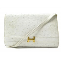 VINTAGE SAC A MAIN HERMES ANNIE POCHETTE CUIR AUTRUCHE BLANC 