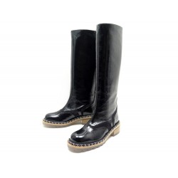 NEUF CHAUSSURES CHANEL G30904 BOTTES 38 CUIR KANGOUROU VERNI NOIR + BOITE 1300€