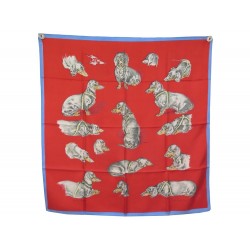 RARE FOULARD HERMES LES TECKELS CARRE 90 XAVIER DE PORET SOIE ROUGE SILK SCARF