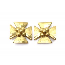 VINTAGE BOUCLES D'OREILLES YVES SAINT LAURENT CROIX A CLIP EN METAL DORE EARRING