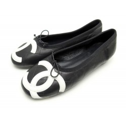 CHAUSSURES CHANEL BALLERINES CAMBON CUIR NOIR T35 