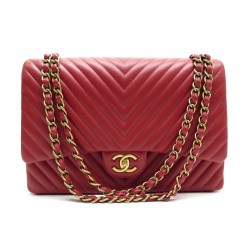 NEUF SAC A MAIN CHANEL TIMELESS MAXI JUMBO BANDOULIERE CUIR CHEVRON ROUGE 6200€