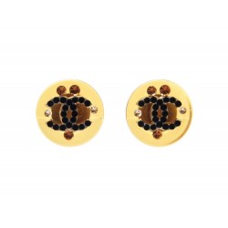 BOUCLES D'OREILLES CHANEL PUCES LOGO CC & STRASS PLEXI MARRON EARRINGS 390€