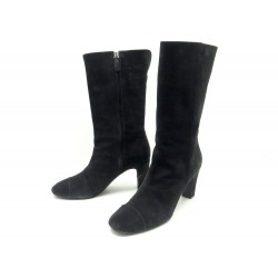 CHAUSSURES CHANEL G28000 42 BOTTINES A TALONS EN DAIM NOIR + BOITE BOOTS 1300€