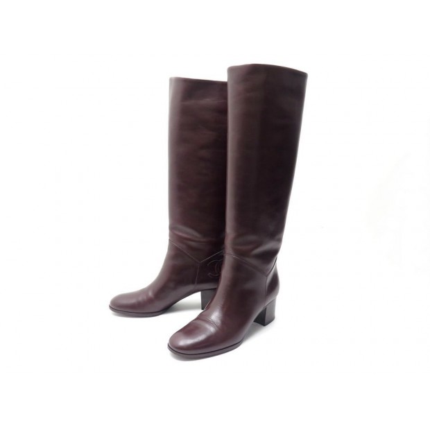 CHAUSSURES CHANEL CAVALIERES G29285 40.5 BOTTES A TALONS EN CUIR BORDEAUX 1200€