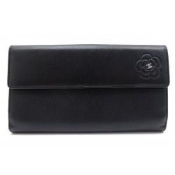 NEUF PORTEFEUILLE CHANEL CAMELIA LOGO CC CUIR GRAINE NOIR LEATHER WALLET 1100€