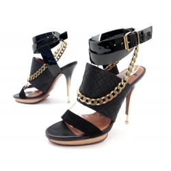 CHAUSSURES LANVIN 38.5 SANDALES A TALONS EN CUIR NOIR CHAINE GOURMETTE OR 625€