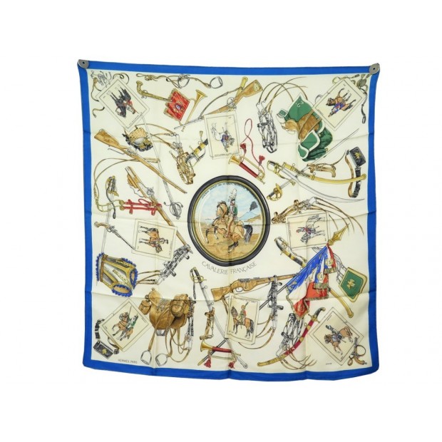 FOULARD HERMES CAVALERIE FRANCAISE SOIE BLEU 