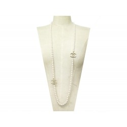 NEUF COLLIER SAUTOIR CHANEL PERLES DE VERRE LOGO CC STRASS DORE NECKLACE 1590€