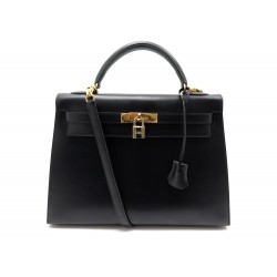 NEUF SAC A MAIN HERMES KELLY 32 SELLIER CUIR BOX NOIR BANDOULIERE HAND BAG 7500€