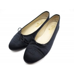 NEUF CHAUSSURES CHANEL BALLERINES LOGO CC 41 EN SATIN NOIR + BOITE SHOES 610€