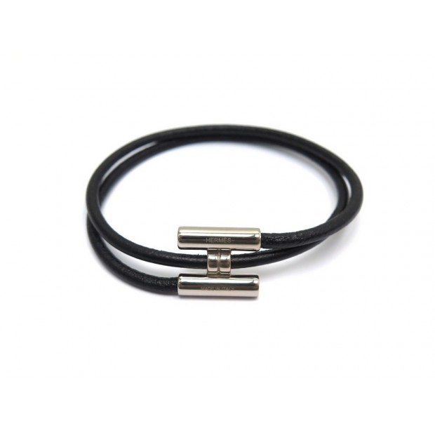 NEUF BRACELET HERMES TOURNIS NOIR ET METAL ARGENTE 