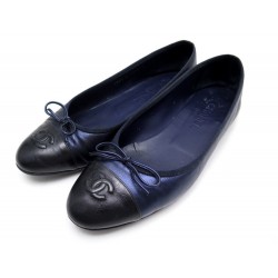 CHAUSSURES CHANEL BALLERINES G02819 LOGO CC 40.5 CUIR BLEU FLAT SHOES 610€