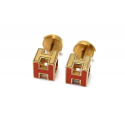 BOUCLES D'OREILLES HERMES CAGE D'H EN EMAIL ORANGE ET METAL DORE EARRINGS 330€