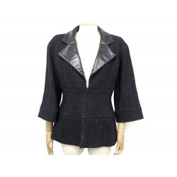 NEUF VESTE CHANEL P50250 42 L EN TWEED DE LAINE & CUIR DE VEAU NEW JACKET 4800€