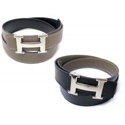 CEINTURE HERMES BOUCLE H ARGENTE LIEN REVERSIBLE T85 CUIR BOX ET TOGO BELT 635€