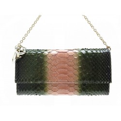 NEUF SAC POCHETTE WOC CHRISTIAN DIOR LADY EN CUIR PYTHON VERT ROSE WALLET 3195€