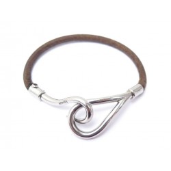 BRACELET HERMES JUMBO 15 CM EN ACIER PALLADIE ARGENTE & CUIR MARRON LEATHER 237€