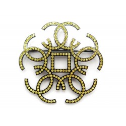 NEUF BROCHE CHANEL LOGO CC STRASS DORE EN METAL NOIR + BOITE BROOCH JEWEL 590€