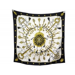 NEUF FOULARD HERMES LES CLES CARRE 90 CATHY LATHAM EN SOIE BEIGE SILK SCARF 375€