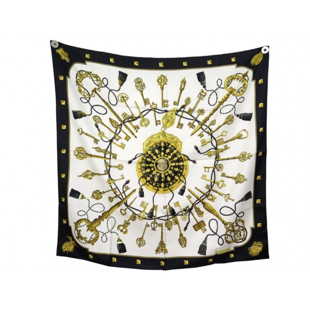 NEUF FOULARD HERMES LES CLES CARRE 90 CATHY LATHAM EN SOIE BEIGE SILK SCARF 375€