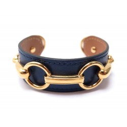 NEUF BRACELET MORS JONC OUVERT 17 CM CUIR BLEU MARINE ET METAL DORE JEWEL 500€