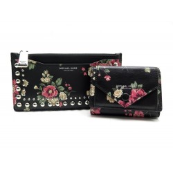 NEUF LOT PORTE MONNAIE + PORTE CARTES MICHAEL KORS COLLECTION FLORAL WALLET 540€