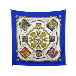 FOULARD HERMES LES TAMBOURS PAR JOACHIM METZ EN SOIE BLEU BLUE SILK SCARF 375€