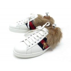 NEUF CHAUSSURES GUCCI ACE 498199 5 IT 40 FR BASKETS FOURREES CUIR SNEAKERS 690€