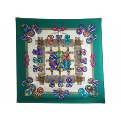 FOULARD HERMES LES RUBANS DU CHEVAL METZ CARRE 90 EN SOIE VERT SILK SCARF 375€