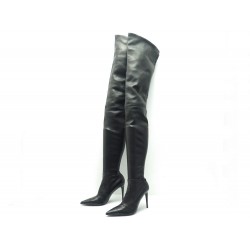 NEUF CHAUSSURES CHANEL 40.5 BOTTES CUISSARDES A TALONS EN CUIR NOIR BOOTS 1500€