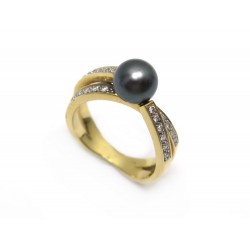 BAGUE T54 OR JAUNE 18K DIAMANTS ET PERLE DE CULTURE TAHITI 6.9GR PEARL GOLD RING