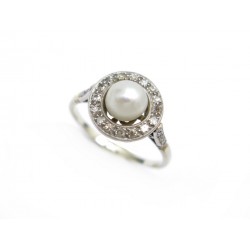 BAGUE T 54 EN OR BLANC 18K 3 GR SERTIE PERLE DIAMANTS 0.15CT DIAMONDS PEARL RING