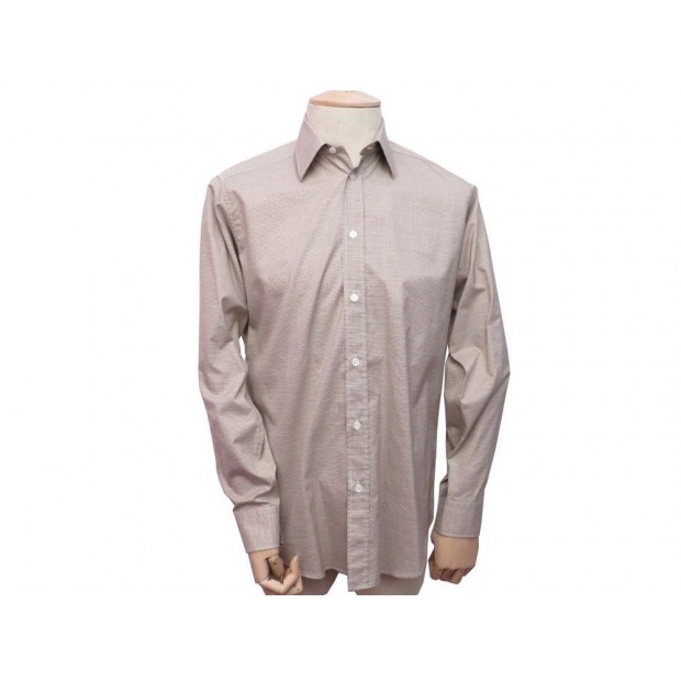 NEUF CHEMISE HERMES 39 M COTON KAKI A CARREAUX BOUTONS CLOUS DE SELLE SHIRT 380€