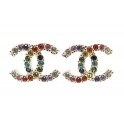 NEUF BOUCLES D'OREILLES CHANEL LOGO CC STRASS MULTICOLORES DORE EARRINGS 390€