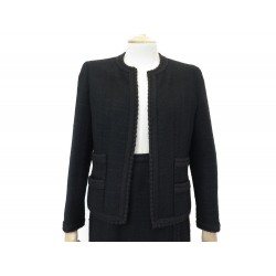 VINTAGE TAILLEUR CHANEL VESTE ET JUPE BOUTONS CAMELIA T 40 M EN TWEED NOIR 6500€