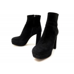 CHAUSSURES MIU MIU BOTTINES A TALONS 37.5 EN DAIM NOIR BLACK SUEDE SHOES 650€