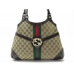 SAC A MAIN GUCCI HOBO REINS 114875 EN TOILE JACQUARD & CUIR MARRON HANDBAG 1360€