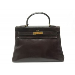 VINTAGE SAC A MAIN HERMES KELLY 32 RETOURNE CUIR BOX MARRON HAND BAG PURSE 7700€